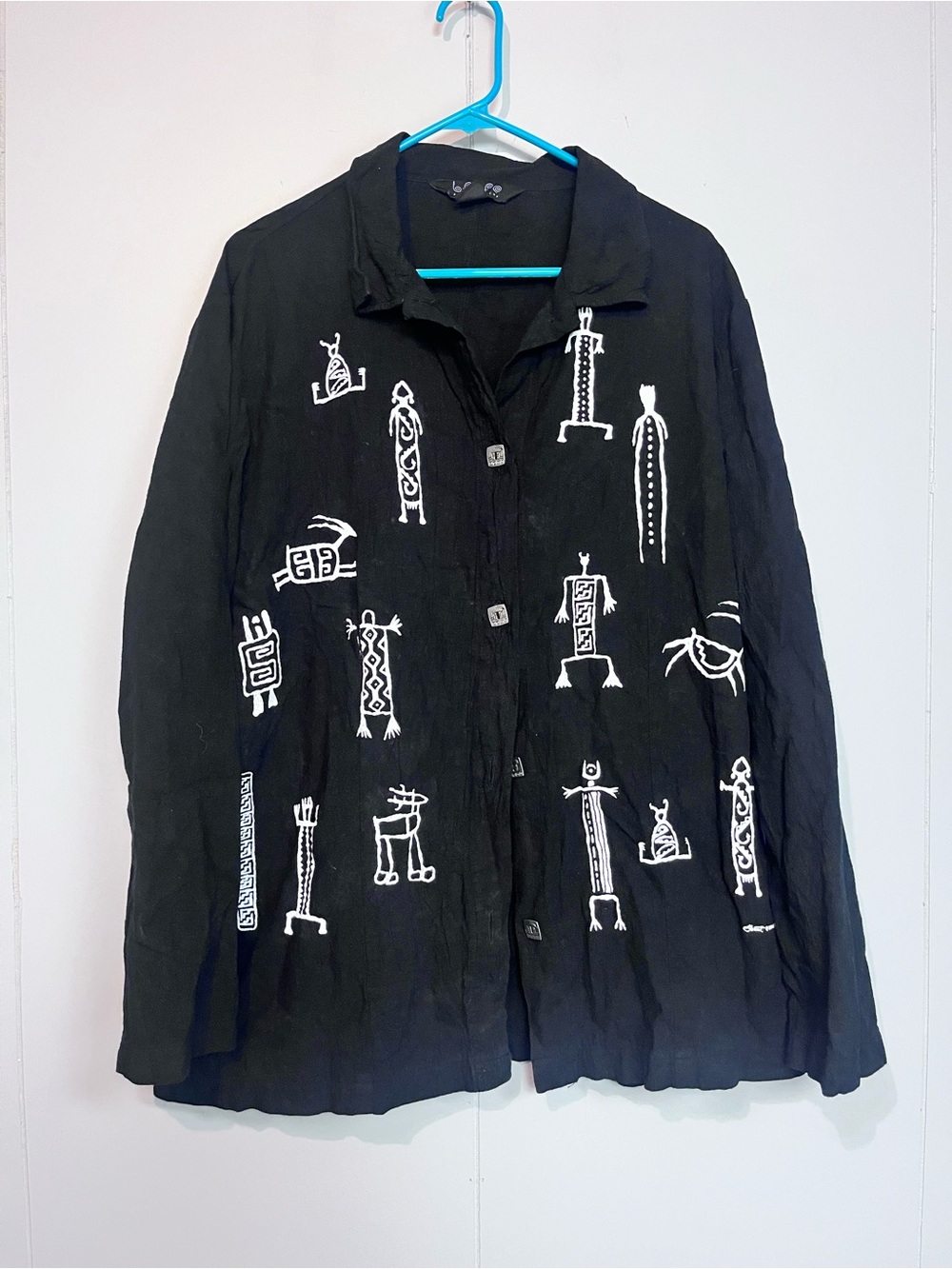 Black Folk Art Graphic Button Up Shirt Made in Thailand Size L